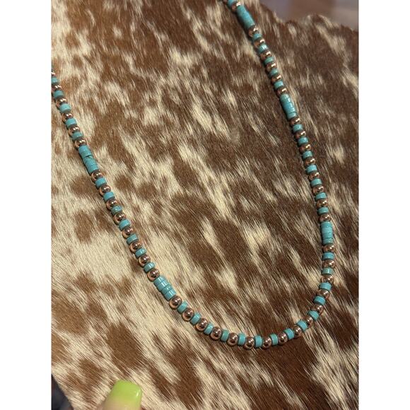 Native American 5mm Copper Navajo Pearl Blue Turquoise HEISHI Necklace 18” - Picture 3 of 10